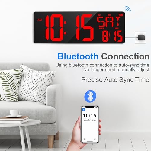 17.2" Large Digital Wall Clock Bluetooth Sync Time, Precise Red With Bluetooth