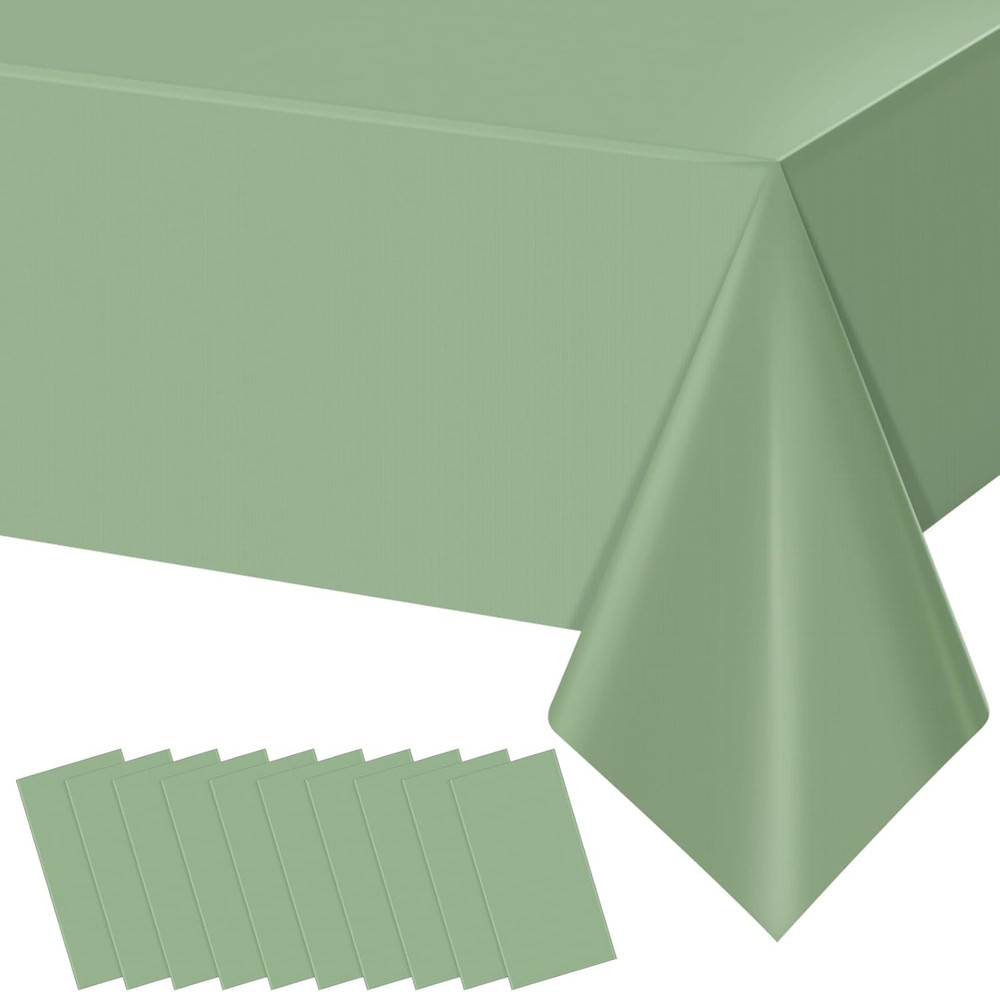 10Pack Sage Green Plastic Tablecloths for Rectangle Tables, Light Green Disposab