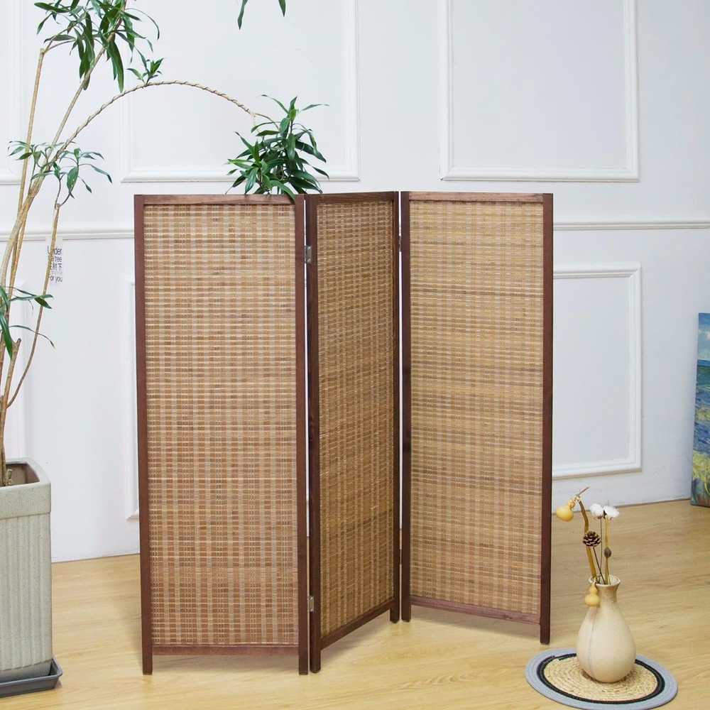 3 Panel Bamboo Room Divider Folding Screen Double Sided Privacy Screen Brown