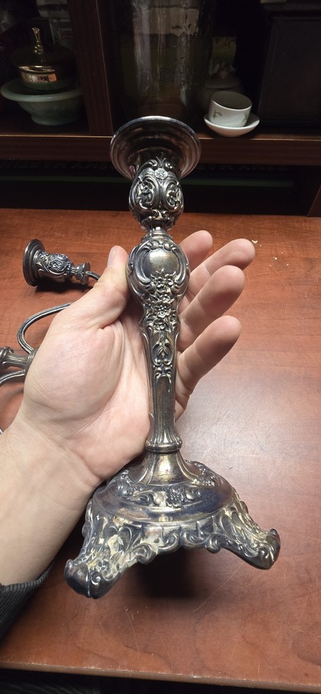WM Rogers and Son 3 Arm Silver Candlesticks Victorian Rose