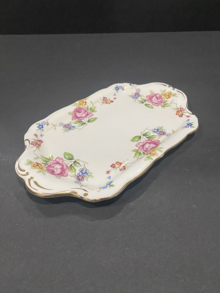 Hammersley Small Rectangular Trinket Tray Butter Dish Rose And Blue Daisys Eng.