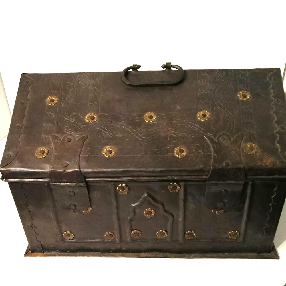 Vintage Metal Document Chest Box w/ Applied Brass Rosettes & Primitive Etching