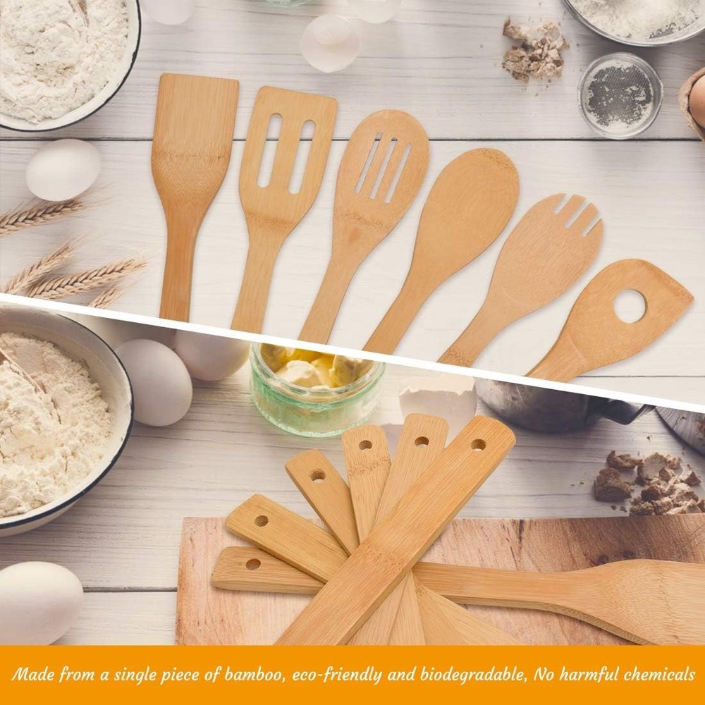 Bamboo Kitchen Utensils, 6 pcs Nonstick Spatula Tools with large, Natural