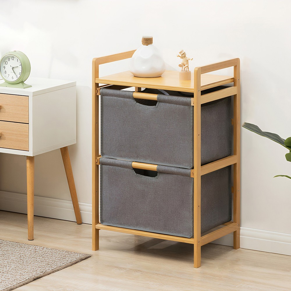 3-Tier Bamboo Laundry Bins Shelf with 2/3 Pull Out Drawers Fabric Baskets US