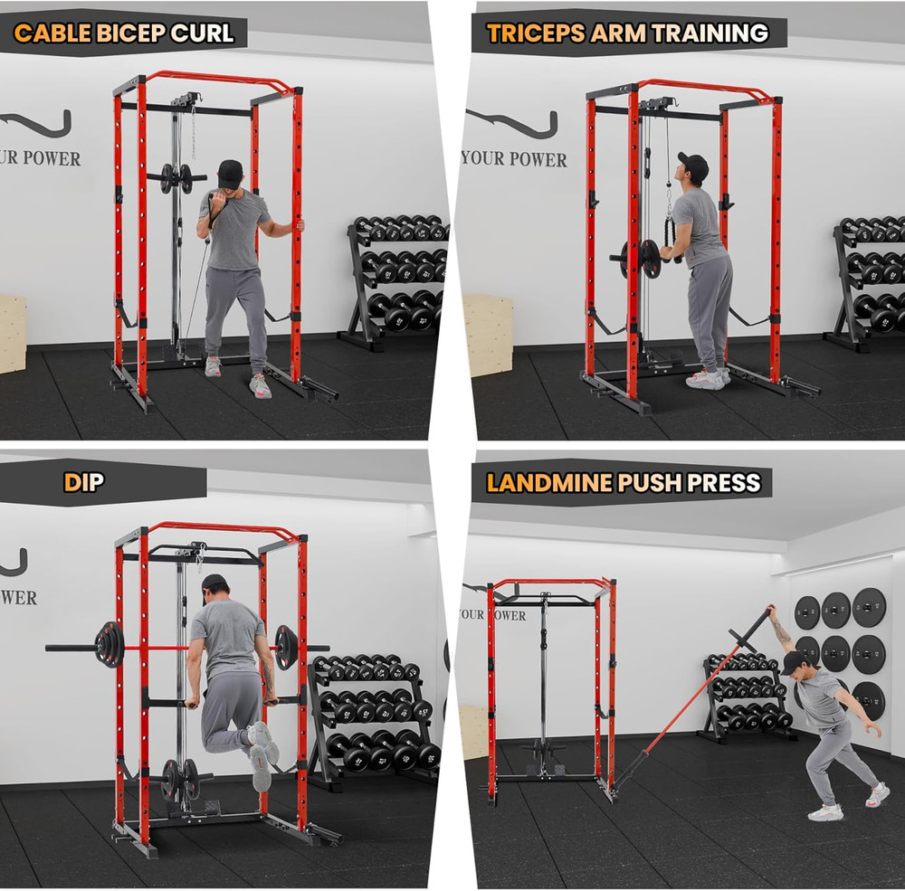 Power Cage, Multi-Function Squat Rack with LAT Pulldown, 1600 LBS Weight Capacit