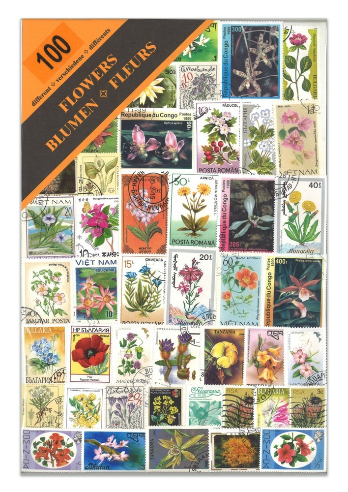 100 Different Flowers Used Stamps Thematic Window Display Packet