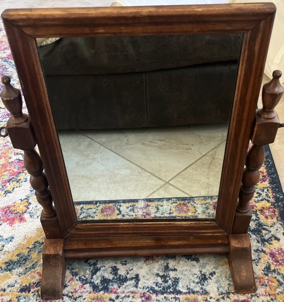 Antique rectangular pivoting shaving mirror 18”x14” w/solid wood base
