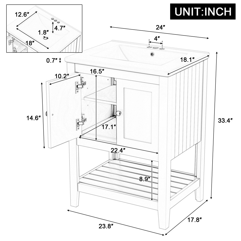 Bathroom vanity W solid wood frame Features open shelving Includes ceramic sink