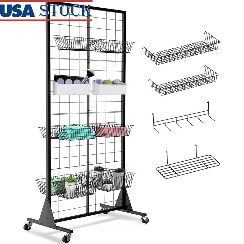 Versatile Grid Wall Panels 4-Pack Adjustable Display Storage W/ Lockable Wheels