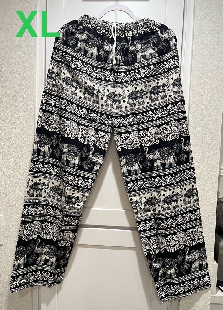 Thai elephant pants Sz.XL Art Paisley Summer Elastic Boho comfortable relax (E2)