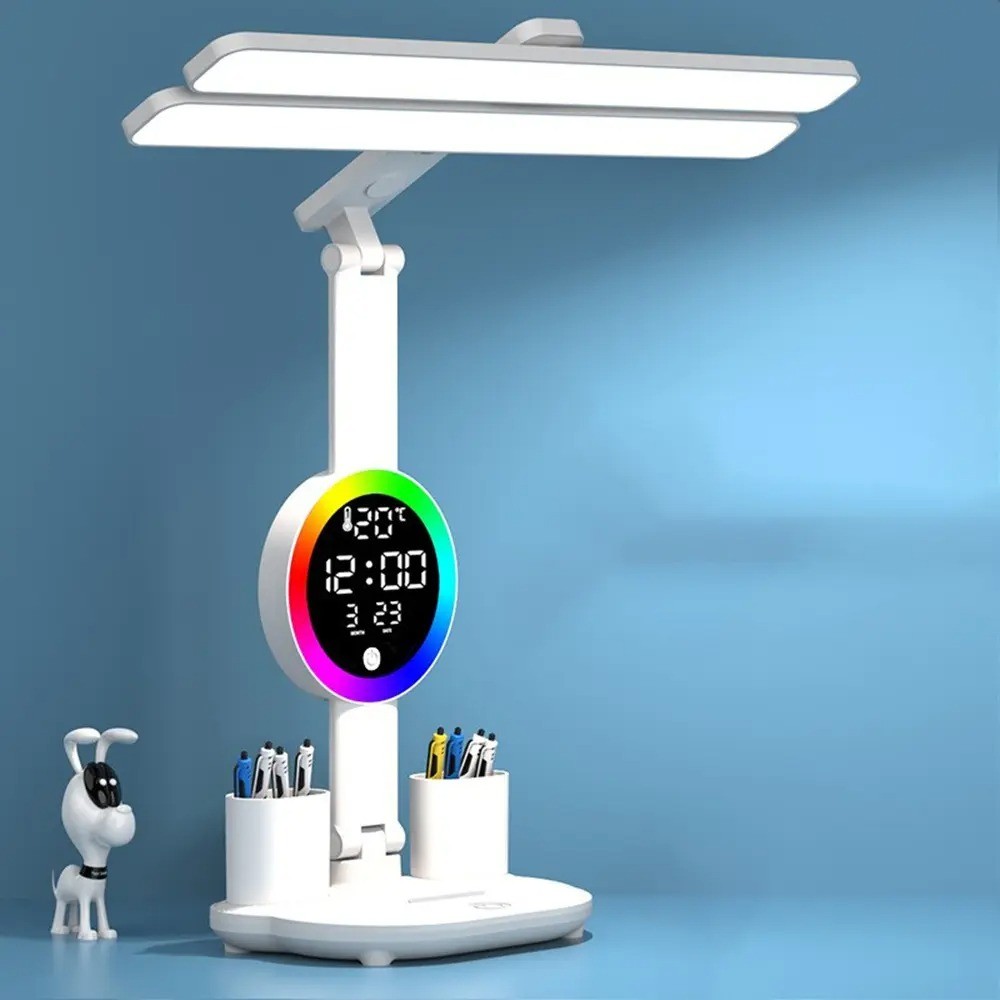 LED Desk Light Dimmable Reading Night Lamp USB Rechargeable Touch Sensor w/Clock