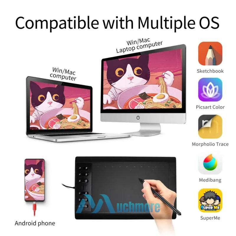 Graphics Drawing Tablet 10x6 inch Active Area 12 Hot Keys+Pen For PC/Mac/Android