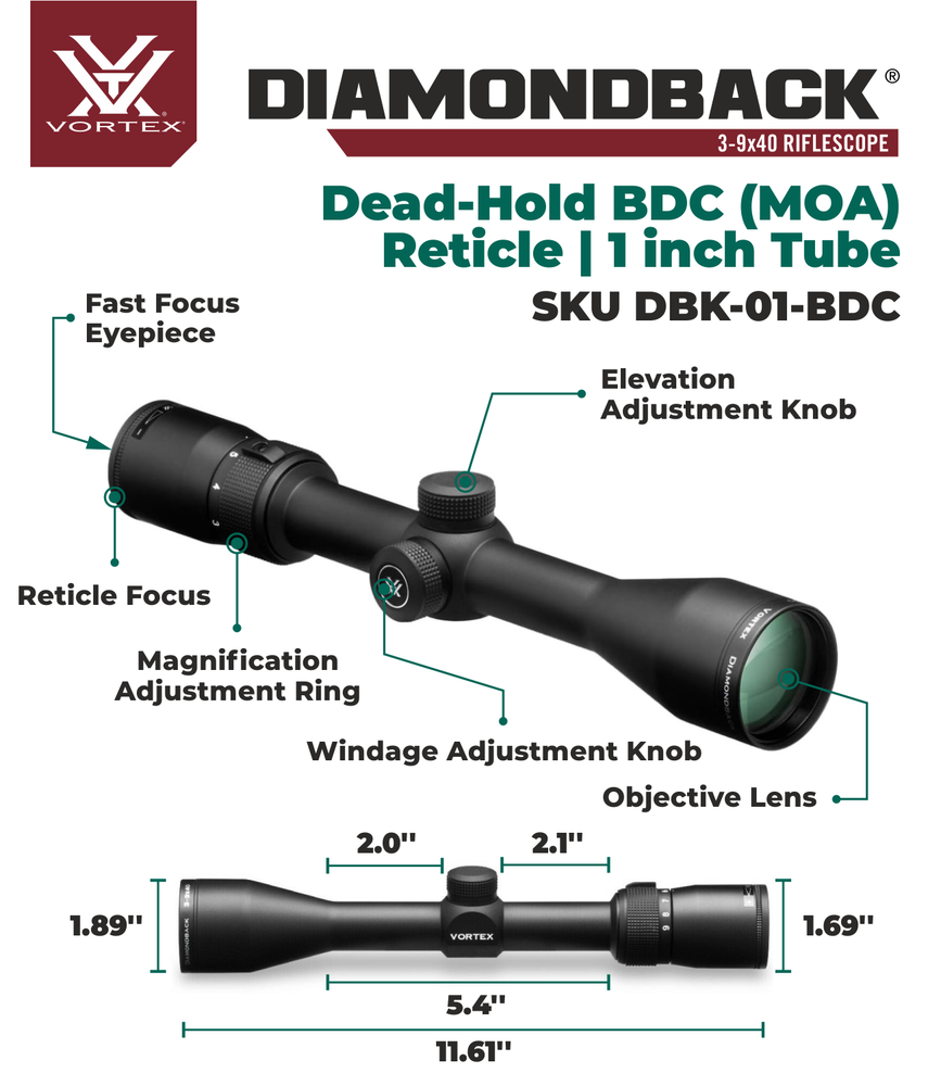 Vortex Optics Diamondback 3-9x40 Dead-Hold Riflescope with Hat and Rings Bundle