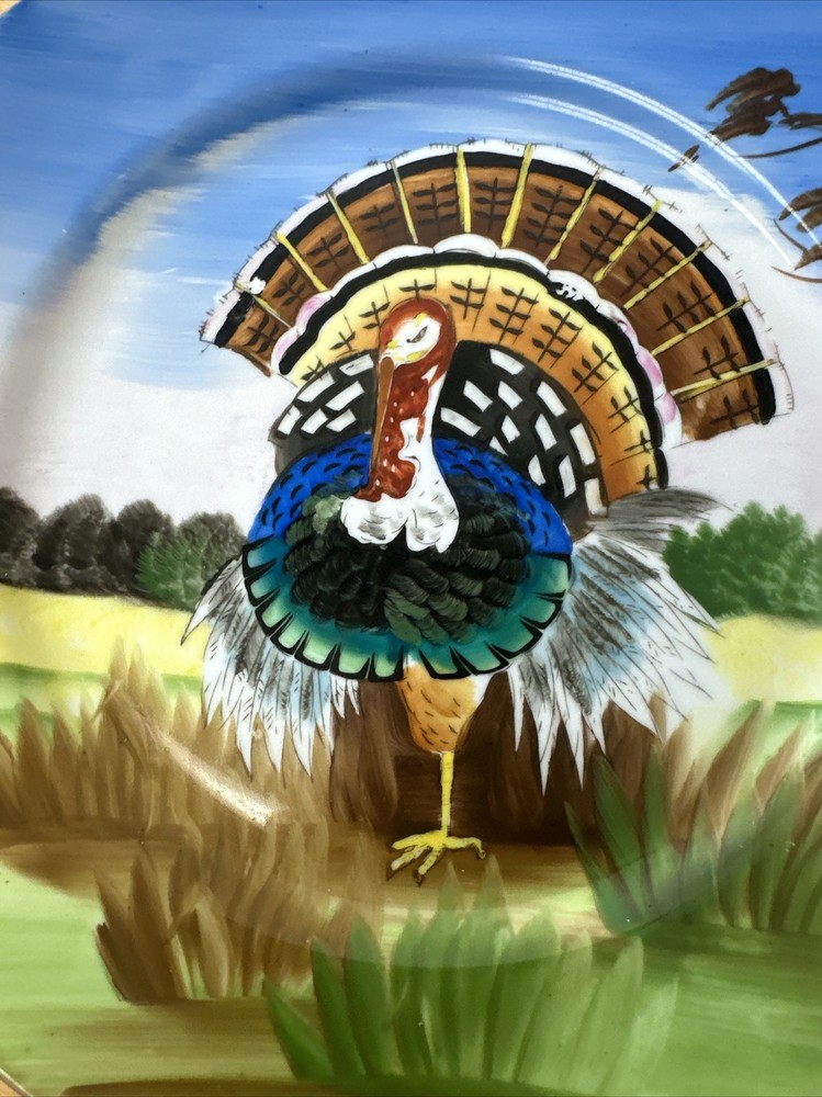 Vtg Large Dish Hand Painted Turkey 10"