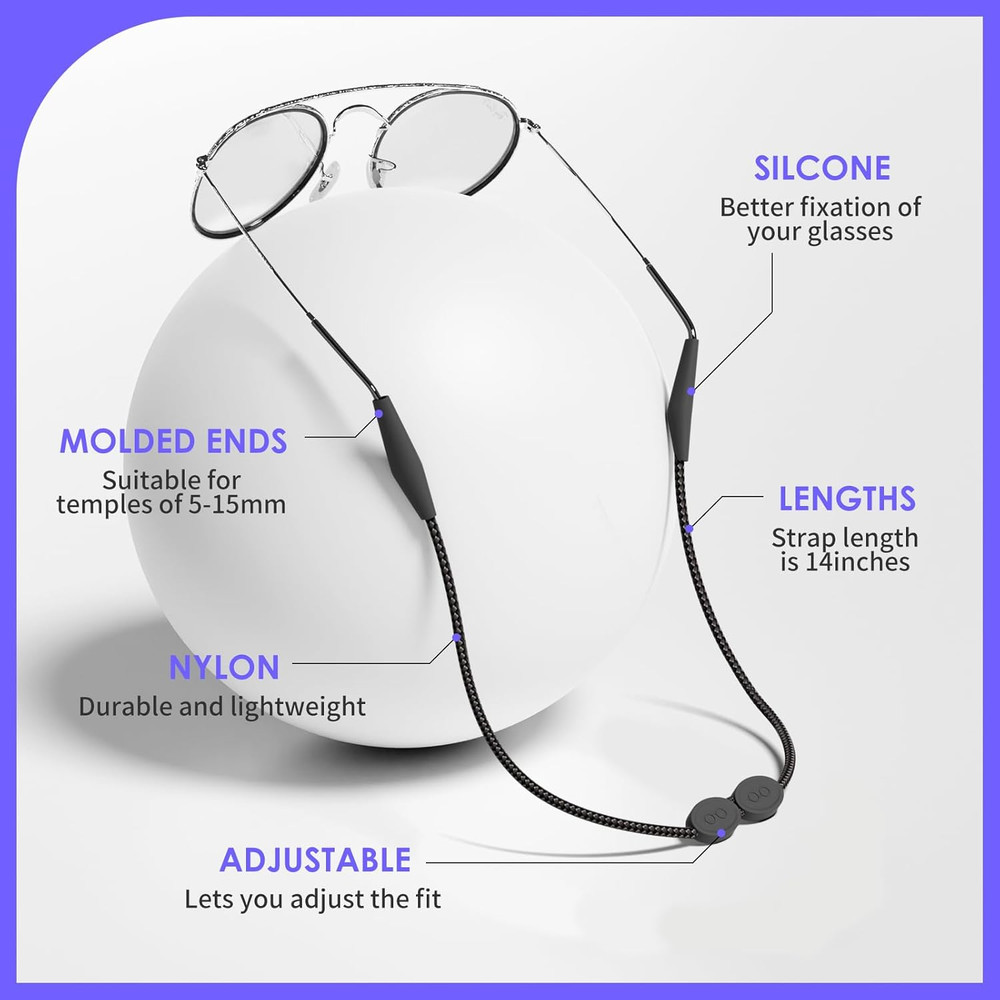 Glasses Strap 3 Pcs - No Tail Sunglasses Straps - Adjustable Eyeglasses Strap, E