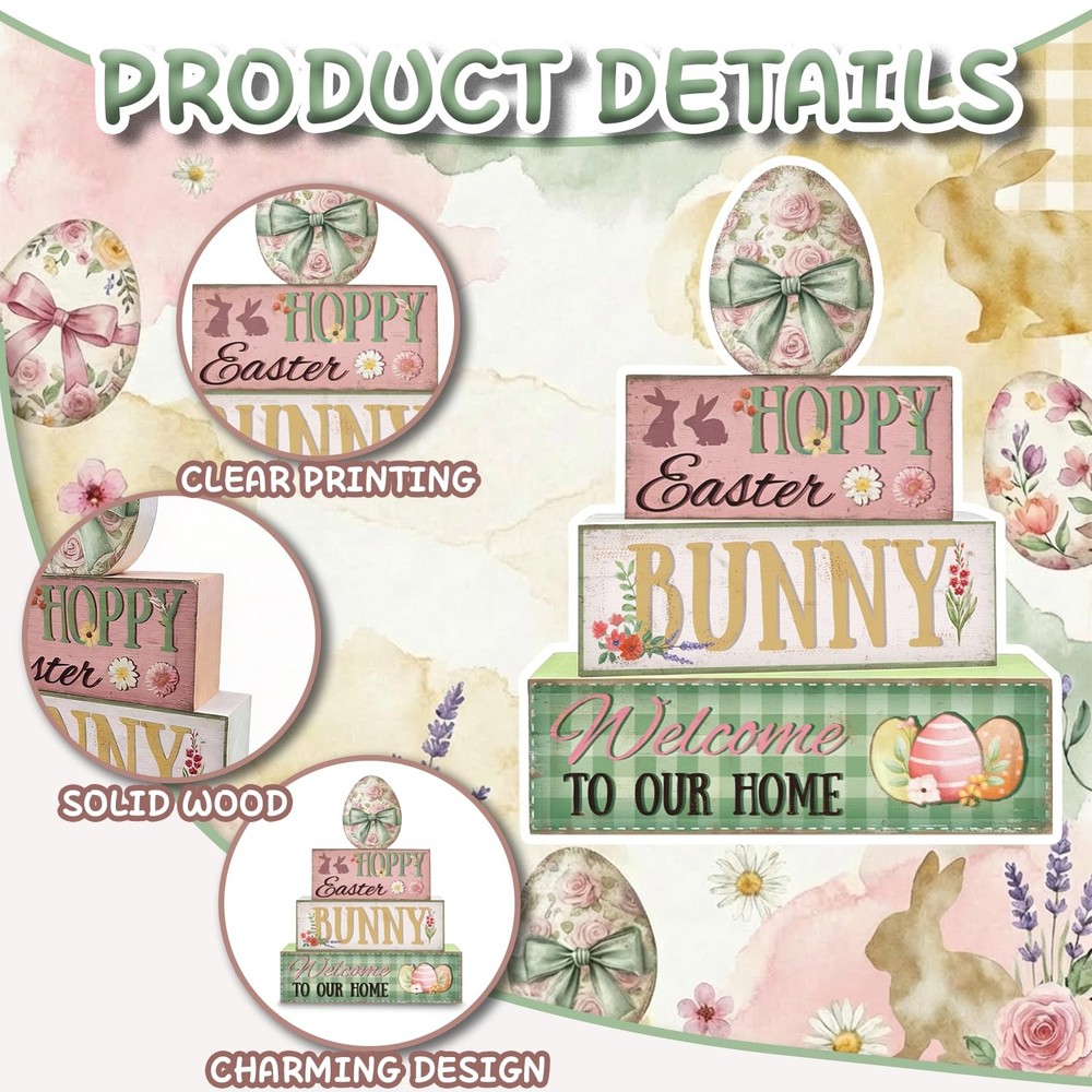 Easter Decorations, 4Pcs Wooden Easter Table Decorations, Easter Egg Tiered Tray