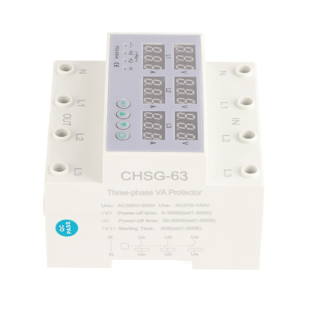 63A 3Phase DIN Rail Voltmeter Ammeter Auto-Overvoltage Overcurrent Protector AC