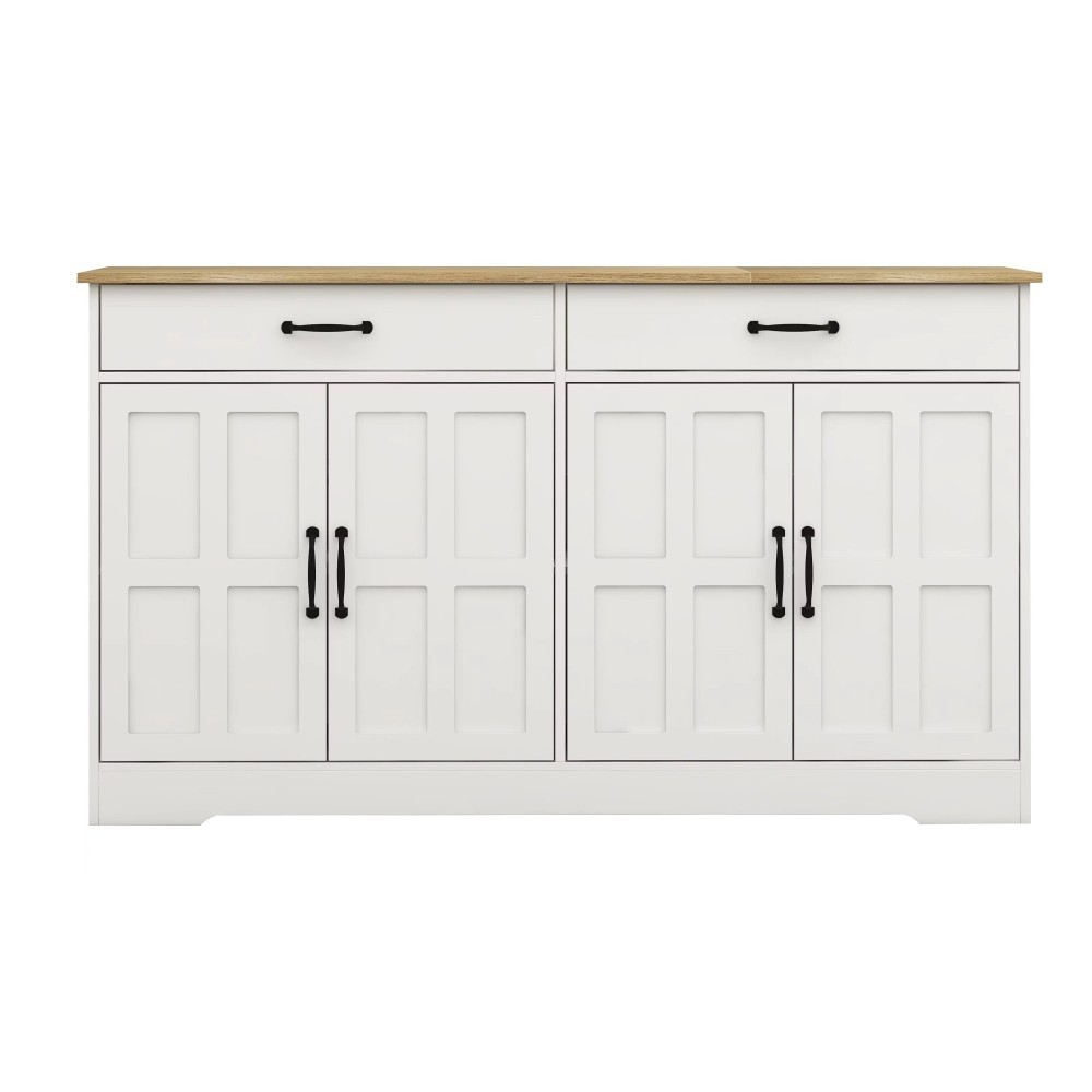 White 55.91" Buffet Cabinet - 2 Drawers, 4 Doors, Storage Sideboard for Dining