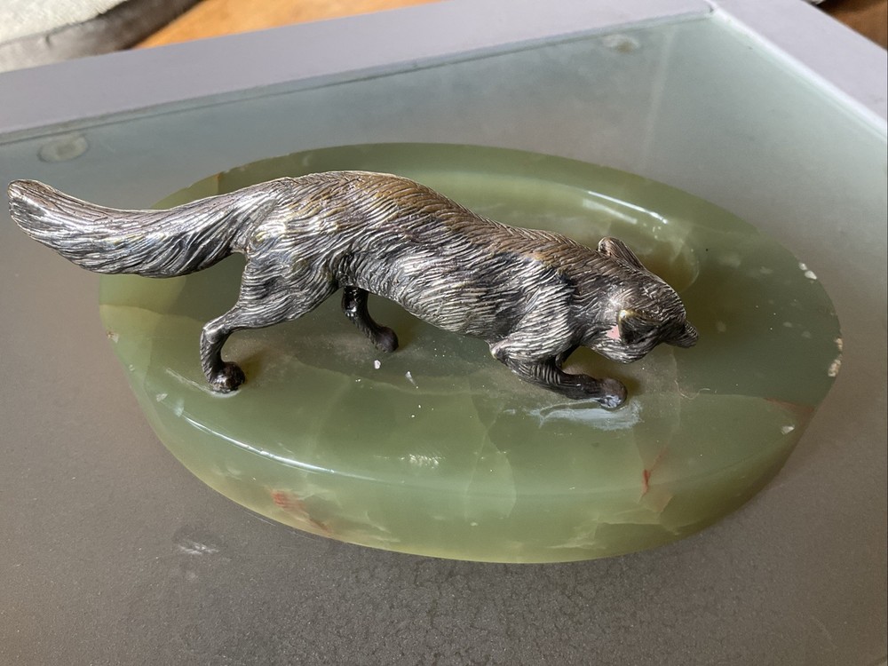 VINTAGE SILVER PLATED FOX FIGURE ON BASE.