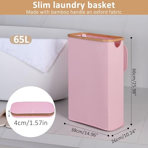 Slim Laundry Hamper, Narrow Laundry Basket with Lid,Foldable Clothes 65L Pink