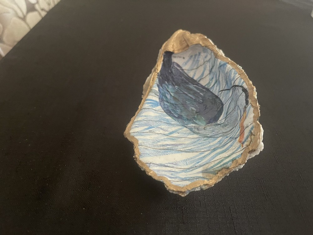 Decoupaged Blue Heron Oyster Shell Trinket Ring Dish
