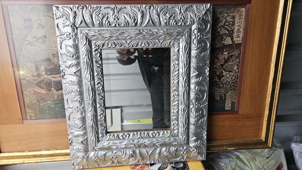 Silver Carved Solid Wood Wall Hanging Beveled Edges Mirror Plz Read Description