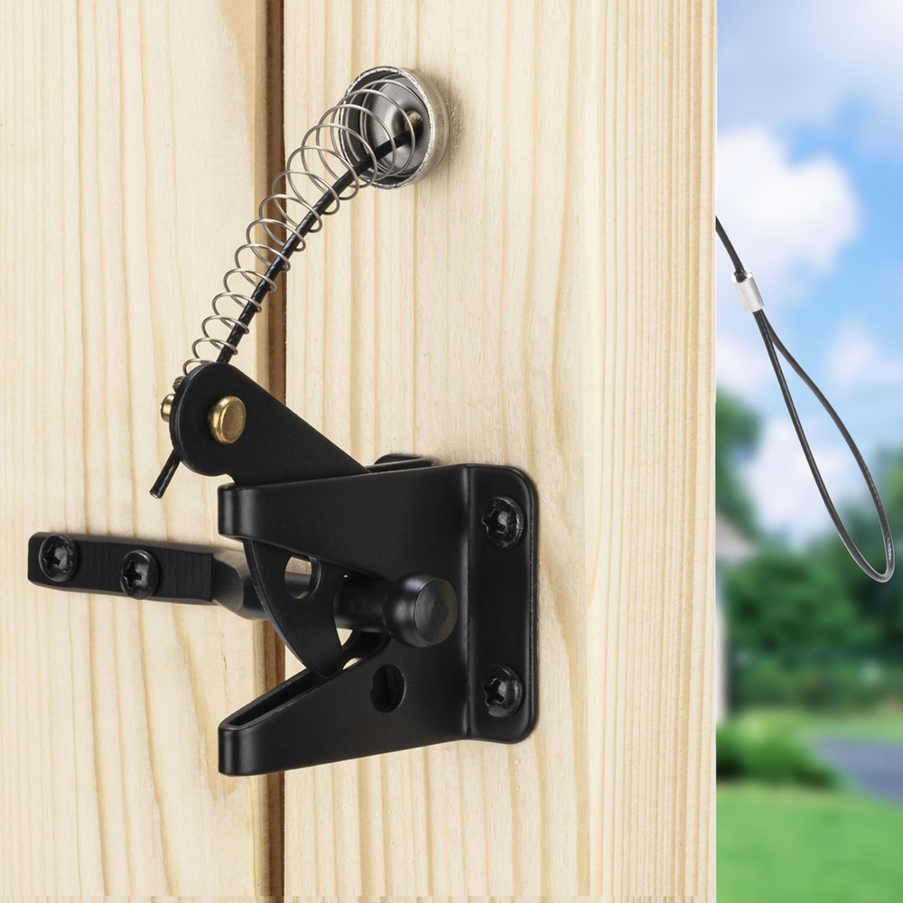 TIBEGOLD Self Locking Gate Latch with Spring Cable Pull, Black Gravity Lever...