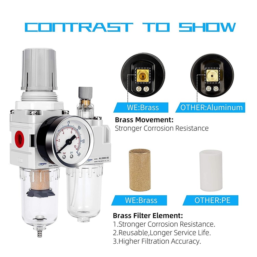 1/4" NPT Compressed Air Filter Regulator Lubricator - 0-150 PSI Essential Combo