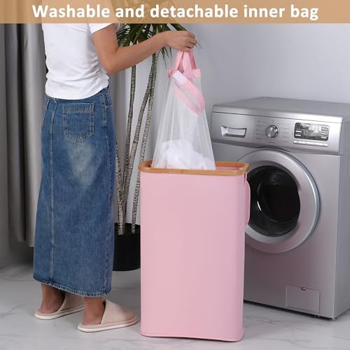 Slim Laundry Hamper, Narrow Laundry Basket with Lid,Foldable Clothes 65L Pink