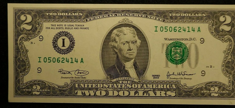 2003 $2 shift Error note Uncirculated condition, I 05062414 A, Actually 3 errors