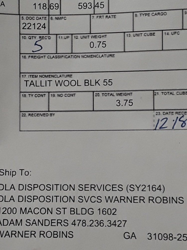 USGI Tallit Wool BLK 55 New