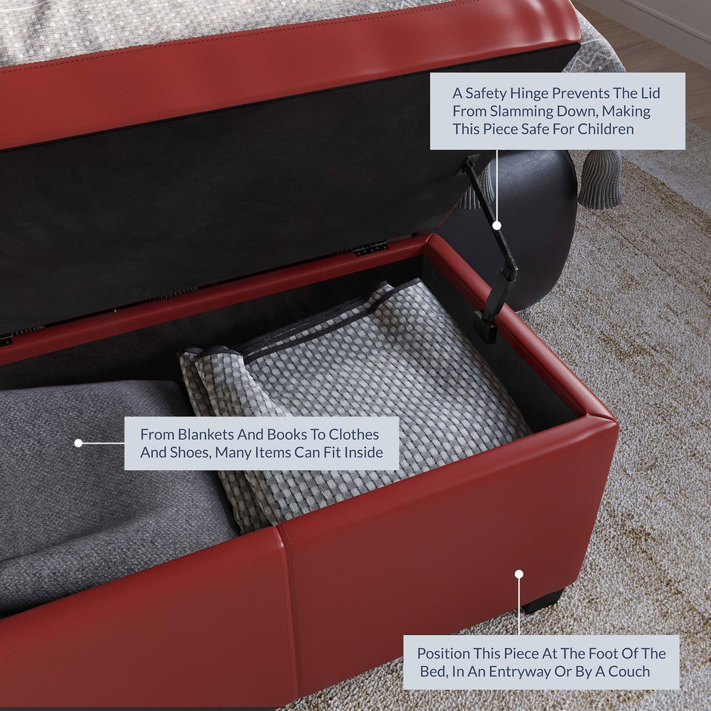 47" inch Deluxe Bedroom Rectangular Faux Leather Storage Ottoman Bench Large Red