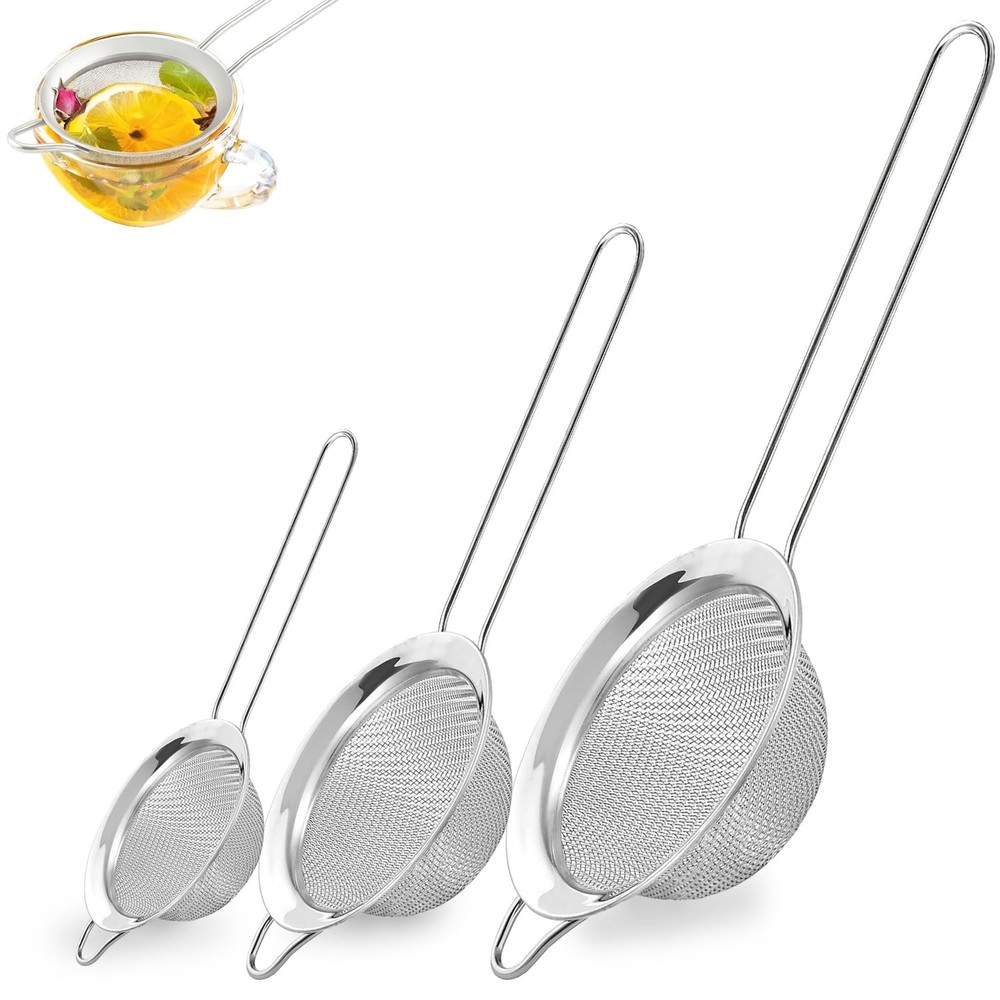 3Pcs Fine Mesh Strainer with Handle Small Medium Large Size Sieve Strainers Set