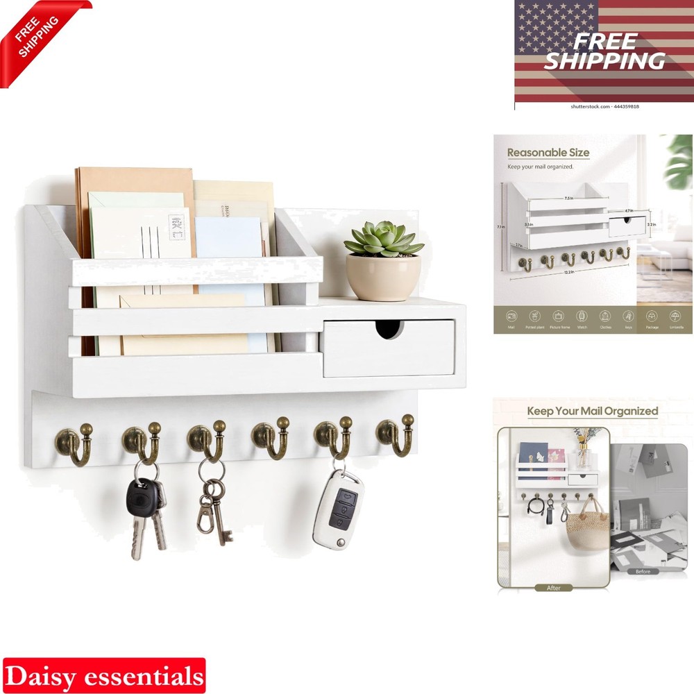 Wall Mount Key Holder with 6 Hooks Mail Organizer Rustic Wood Entryway Decor