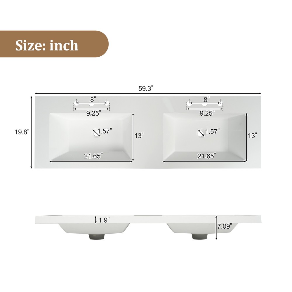 59.3" Bathroom Vanity with Solid Wood Frame, Double SMC Sink,4 Doors, 3 Drawers