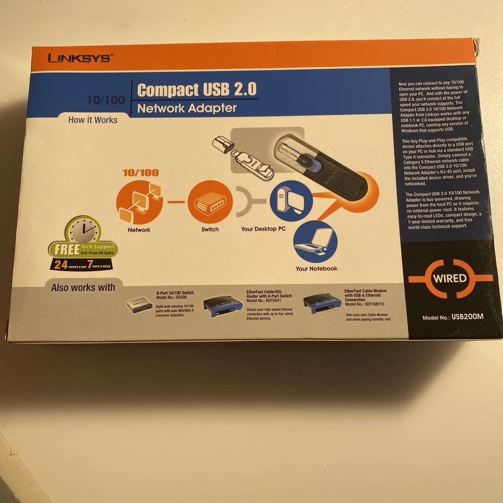 New Cisco Linksys Compact USB 2.0 Network Adapter USB200M Sealed zat
