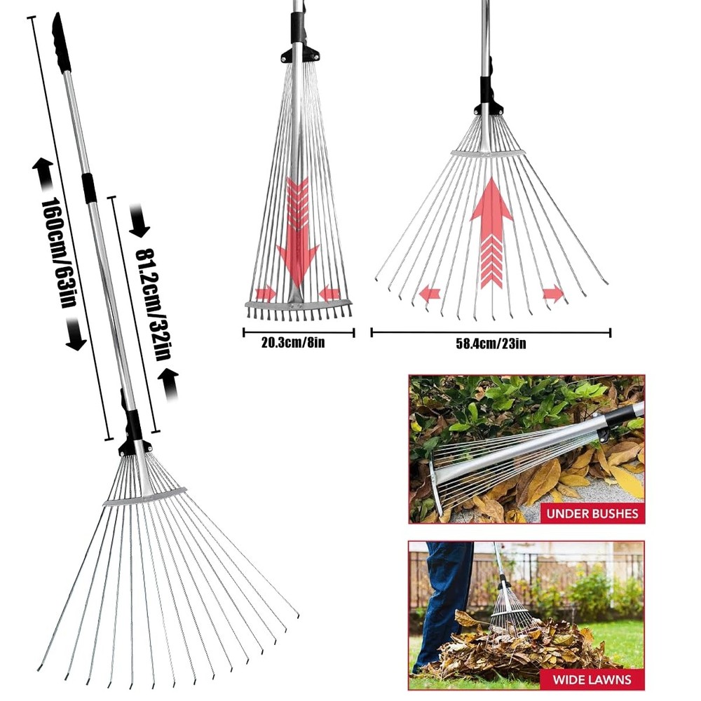 Adjustable Metal Leaf Set 65" Adjustable Handle Rake Set,32-63" Handle, 8-23"...