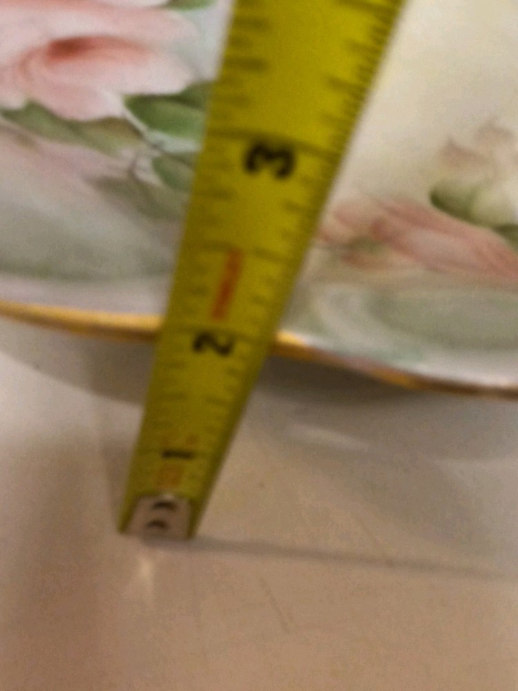 Vtg Ceramic Top 13"×3" Cake round8" booted Stand GreenPink Rose Pattern.