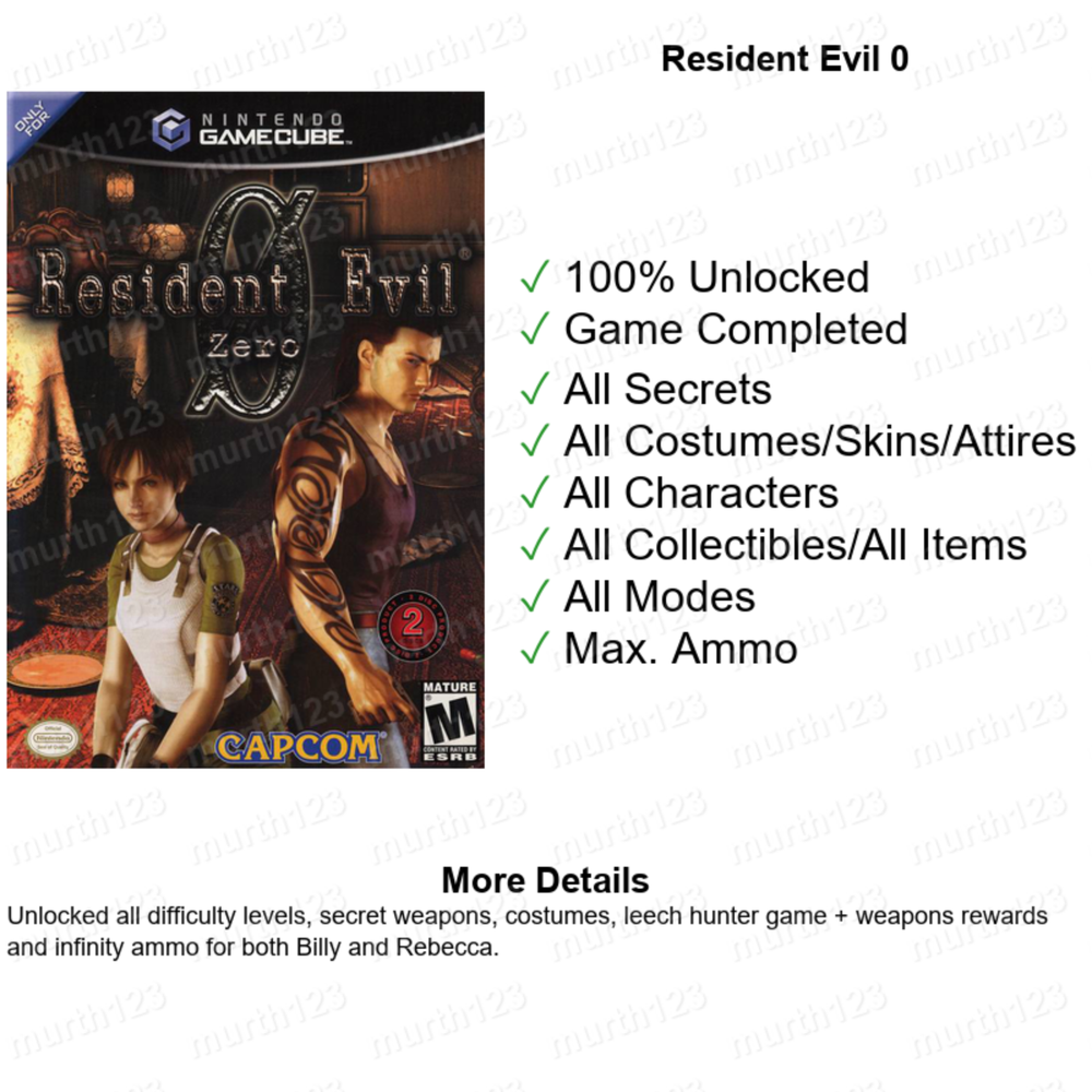 RESIDENT EVIL 0 1 2 3 4 | 100% Unlocked MEMORY CARD SAVES | Nintendo GAMECUBE
