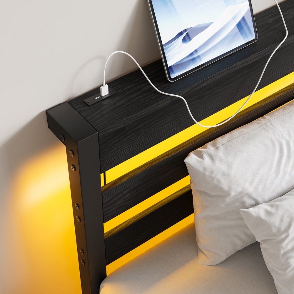 Twin Size Bed Frame Heavy Duty Platform Bed Frame with Headboard, USB Charging S