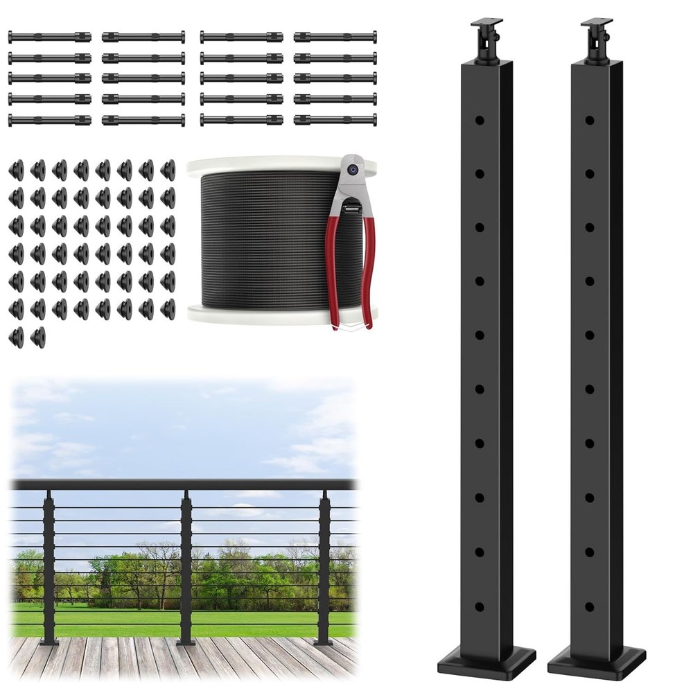 2 Pack 36" Cable Railing Post Kits w/ 1/8" Cable & Hardware Black