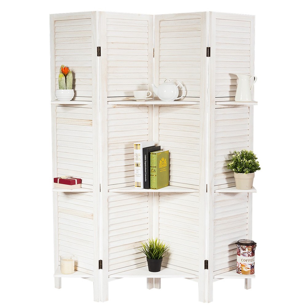 4 Panel Folding Room Divider Screen with 3 Display Shelves 5.6 Ft Tall White