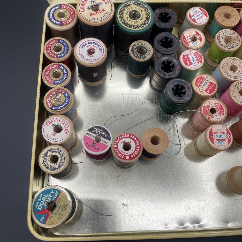 Vintage Thread In Whitmans Tin Wooden Spools