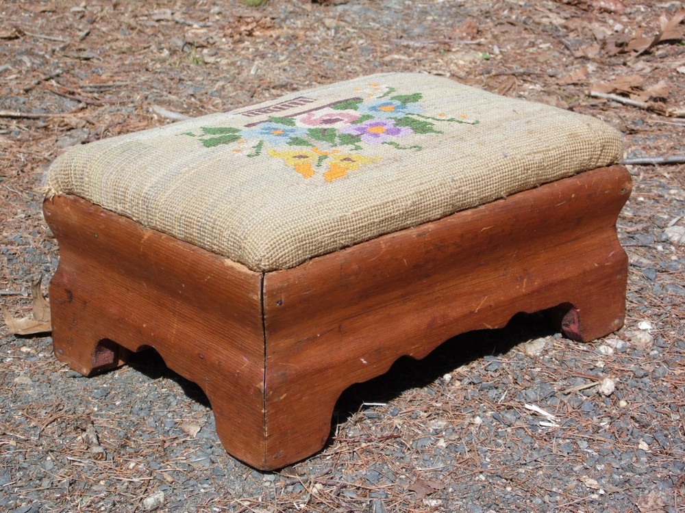 Antique Empire Style Needlepoint Footstool