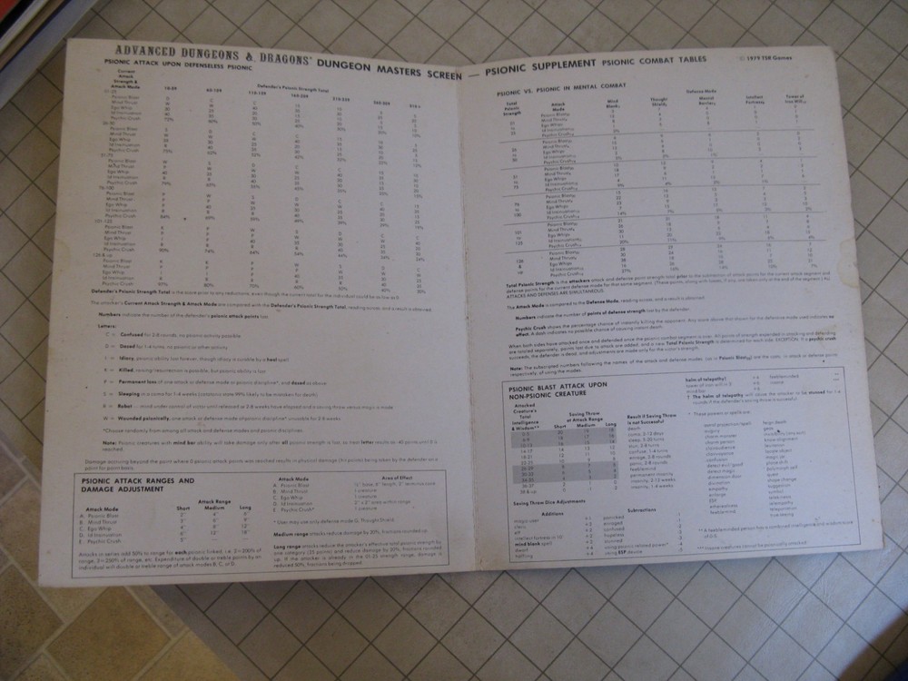 AD&D 1E DUNGEON MASTERS PSIONIC SCREEN 2-panel blank cover Dungeons & Dragons