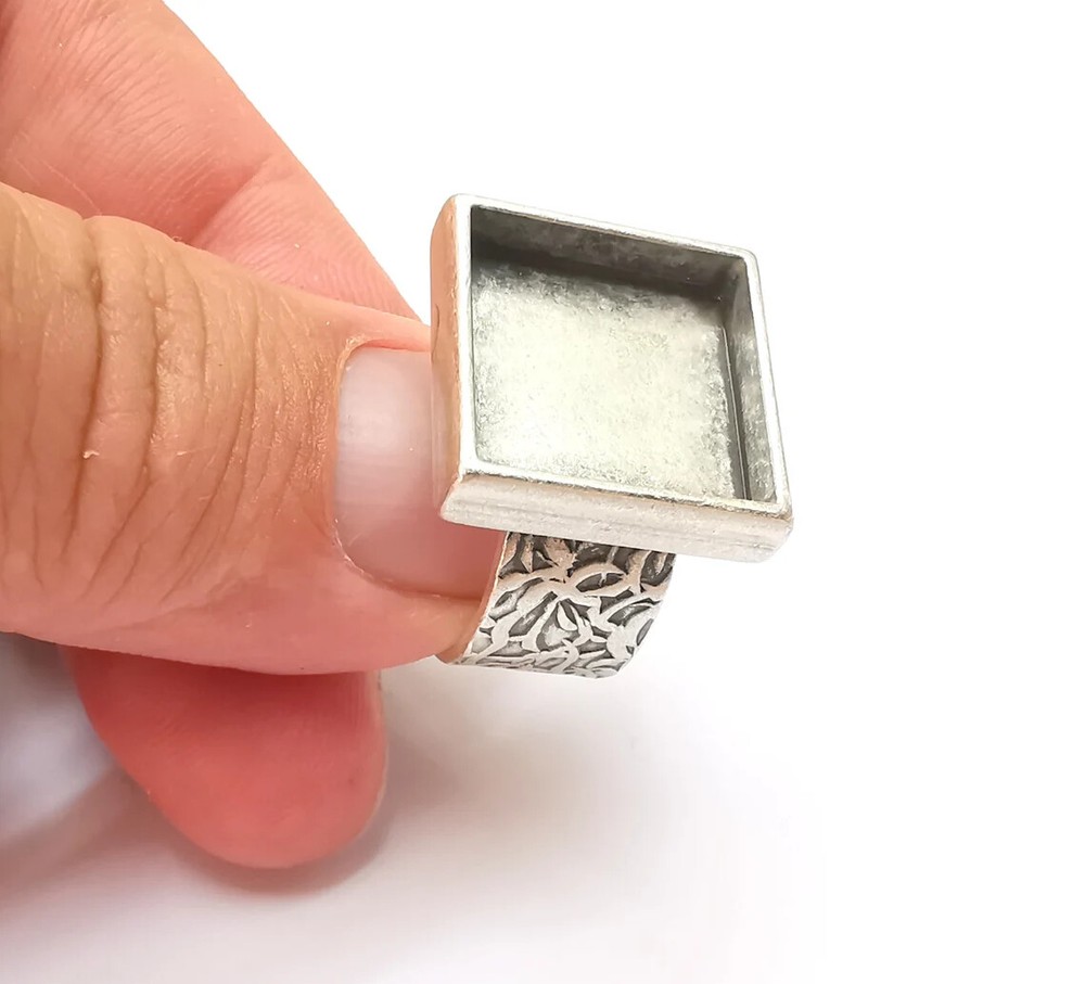 Square Antique Silver Ring Blank Setting, Cabochon Mounting, Adjustable Resin