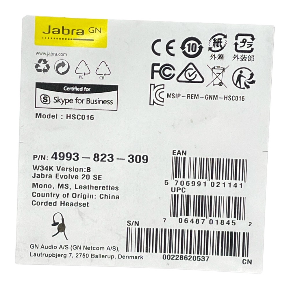 JABRA EVOLVE 20E MONO WIRED HEADSET NEW/UNUSED SURPLUS