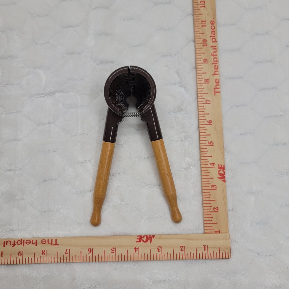 Vintage Mid Century Nutcracker Brown Metal Spring Action Wood Handle Cracker