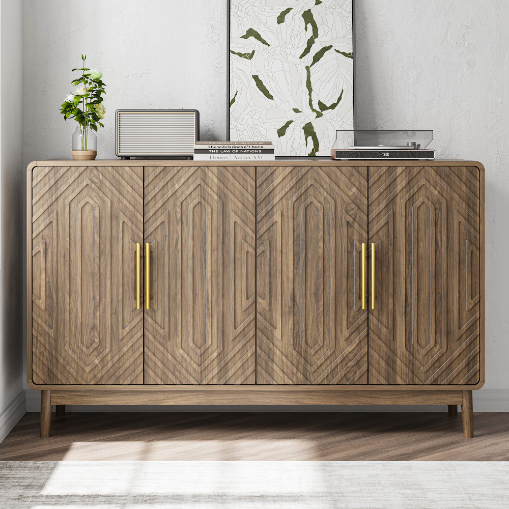 Sideboard with carved doors, storage compartments, and adjustable shelves