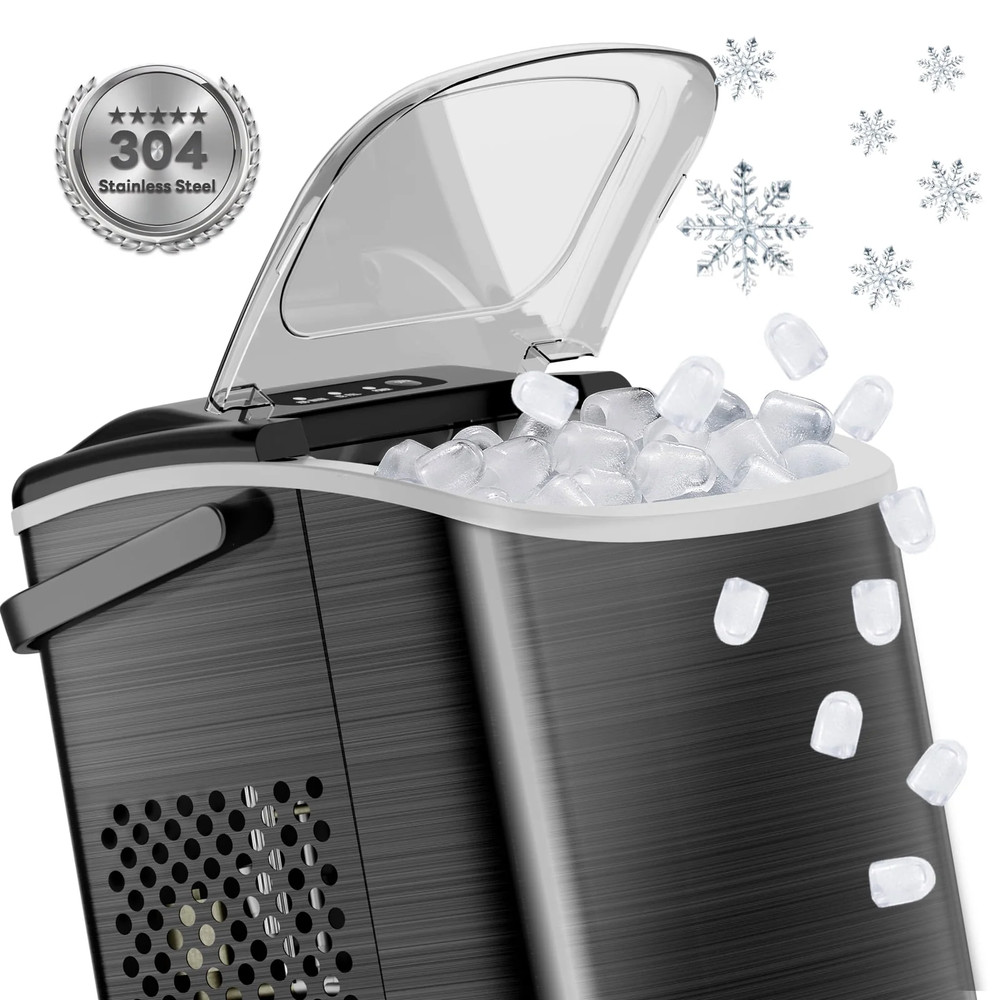 SS Bullet Ice Maker Machine, Ice Maker Countertop with Handle, 26Lbs/24H, 9Pcs/6